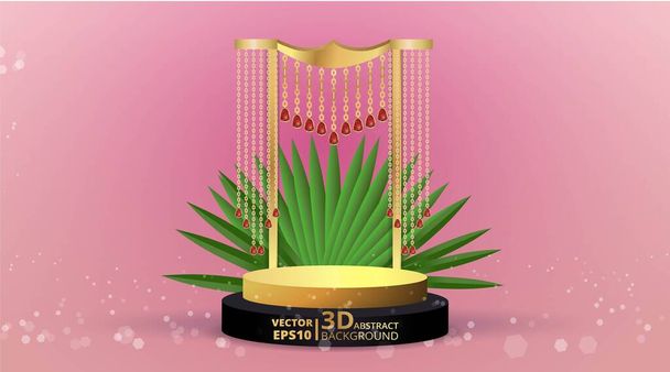 Metallic golden stage with palm leafs, realistic, round platform and realistic frame minimal background, 3d scene for product presentation or mockup. Sale promo podium, for winner, advertising. - Вектор, зображення
