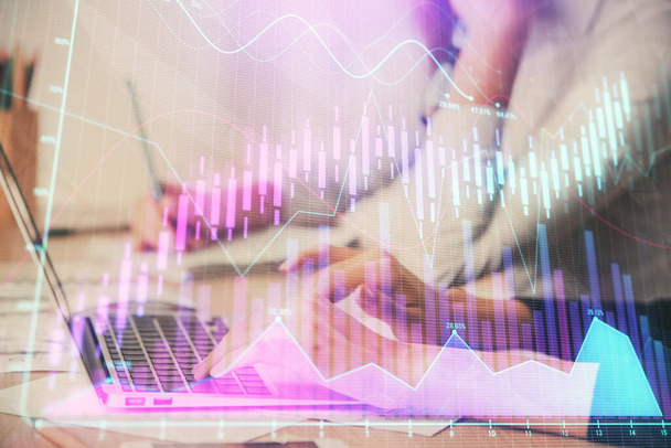 Multi exposure of woman hands typing on computer and financial chart hologram drawing. Stock market analysis concept. - Fotó, kép
