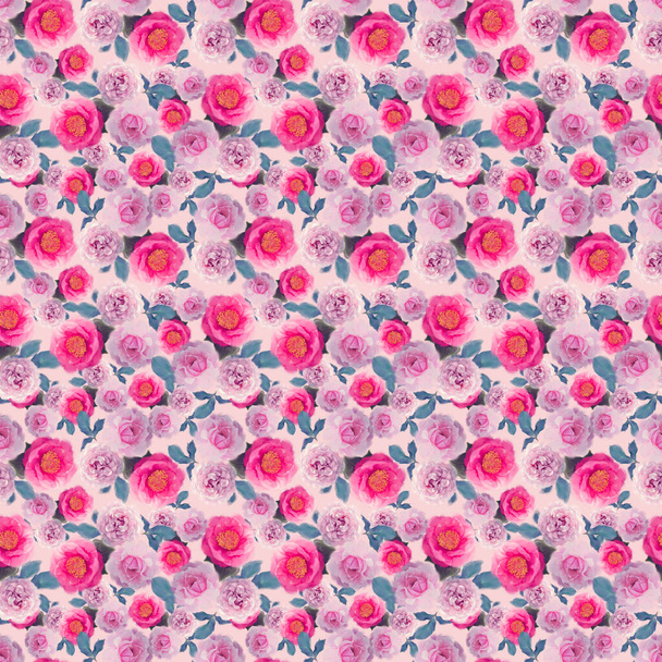 digital painting of seamless pattern with roses and leaves - Fotoğraf, Görsel