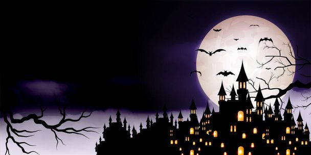Halloween vár hold denevér háttér - Vektor, kép