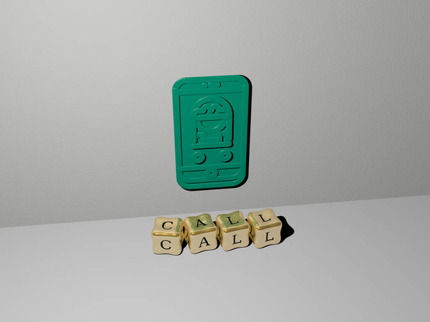 3D ilustrace call grafiky a textu z kovových kostek písmen pro související významy konceptu a prezentací. telefon a obchod - Fotografie, Obrázek