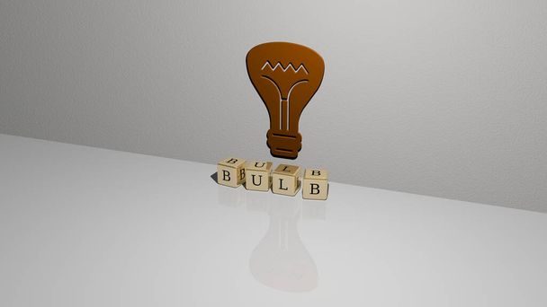 3D απεικόνιση των γραφικών BULB και το κείμενο που γίνεται με μεταλλικά γράμματα ζάρια για τις σχετικές έννοιες της έννοιας και των παρουσιάσεων. φόντο και φως - Φωτογραφία, εικόνα