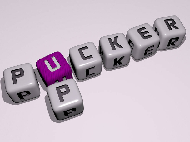 crucigramas de los nuevos años: PUCKER UP arreglado por letras cúbicas en un piso de espejo, significado concepto y presentación
 - Foto, Imagen