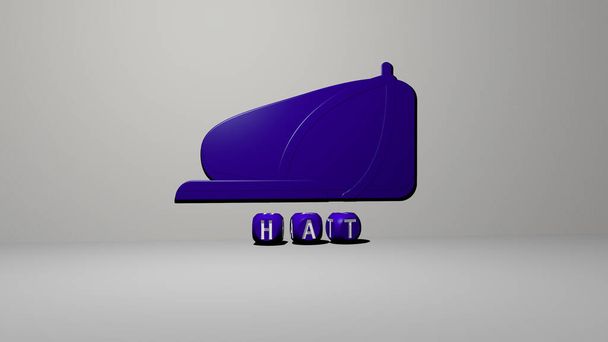 3D-Darstellung von HAT mit Icon an der Wand und Text, angeordnet durch metallische kubische Buchstaben auf einem Spiegelboden für Konzeptbedeutung und Diashow-Präsentation. Abbildung und Hintergrund - Foto, Bild