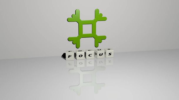 Illustrazione 3D della grafica e del testo FOCUS realizzata con lettere metalliche a dadi per i relativi significati del concetto e delle presentazioni. sfondo e selettivo - Foto, immagini