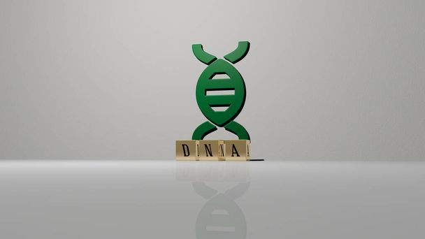3D grafische afbeelding van DNA verticaal samen met tekst gebouwd door metalen kubieke letters vanuit het bovenste perspectief, uitstekend voor de concept presentatie en diavoorstellingen. illustratie en achtergrond - Foto, afbeelding