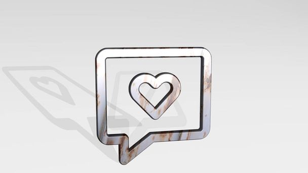 messages bubble square heart casting shadow with two lights. 3D illustration of metallic sculpture over a white background with mild texture. concept and communication - Photo, Image