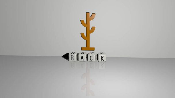 Imagen gráfica 3D de RACK verticalmente junto con texto construido por letras cúbicas metálicas desde la perspectiva superior, excelente para la presentación del concepto y presentaciones de diapositivas. ilustración y fondo
 - Foto, Imagen