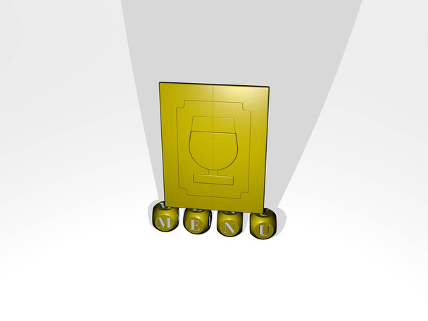 3D illustratie van MENU graphics en tekst gemaakt door metalen dobbelstenen letters voor de daarmee samenhangende betekenissen van het concept en presentaties. achtergrond en ontwerp - Foto, afbeelding