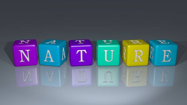Nature arranged by cubic letters on a mirror floor, ideal for concept meaning and presentations. background and beautiful - Photo, Image