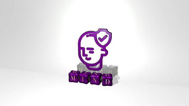 3D-Darstellung von MIND mit Icon an der Wand und Text, angeordnet durch metallische kubische Buchstaben auf einem Spiegelboden für Konzeptbedeutung und Diashow-Präsentation. Illustration und Gehirn - Foto, Bild