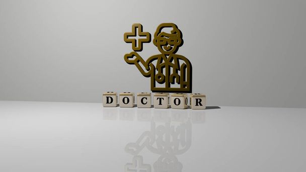 3D-Darstellung des Arztes mit Icon an der Wand und Text, angeordnet durch metallische kubische Buchstaben auf einem Spiegelboden für Konzeptbedeutung und Diashow-Präsentation. Pflege und Klinik - Foto, Bild