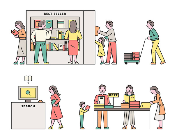 Many customers in bookstore. flat design style minimal vector illustration. - Vector, Image