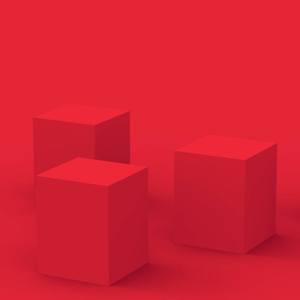 3D赤キューブとボックスの表彰台最小シーンスタジオの背景。概要3D形状オブジェクトイラストレンダリング。中国の旧正月の休日と陽気なクリスマスの製品の表示. - 写真・画像