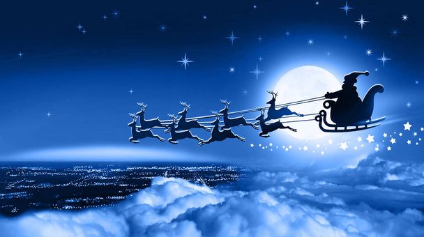 Noche de Navidad de invierno. Santa Claus en un trineo vuela sobre la Tierra en el fondo de la luna llena
 - Foto, imagen