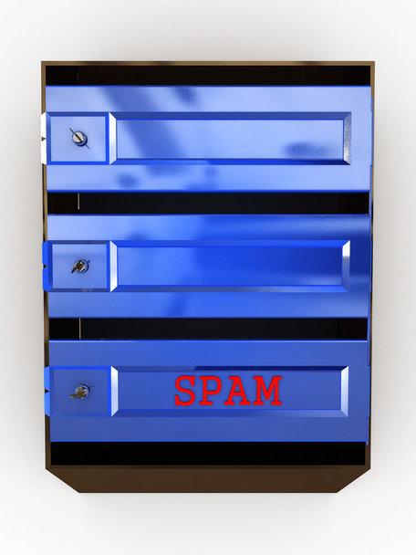 postvakken met sleutels en spam op witte achtergrond - Foto, afbeelding