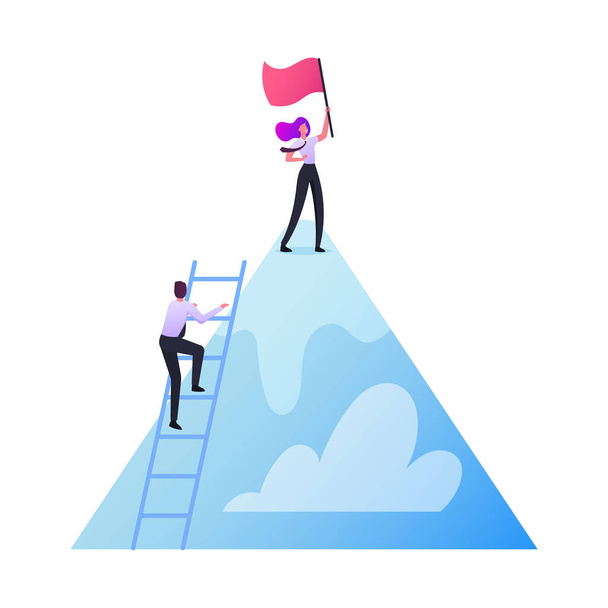 Персонажи берут новые высоты. Команда бизнесменов взбирается на гору. Бизнесмен стоит на лестнице, предпринимательница с флагом - Вектор,изображение
