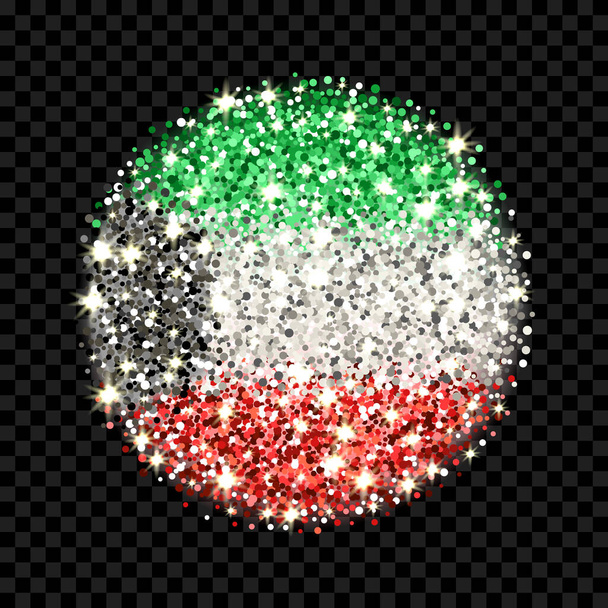 Stato del Kuwait bandiera scintillante distintivo. Icona rotonda con colori nazionali kuwaitiani con effetto glitter. Disegno del pulsante. Illustrazione vettoriale. Uno di una serie di segni - Vettoriali, immagini