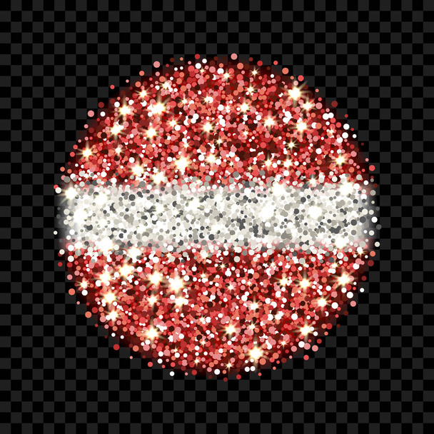 Bandiera della Repubblica di Lettonia distintivo scintillante. Icona rotonda con colori nazionali lettoni con effetto glitter. Disegno del pulsante. Illustrazione vettoriale. Uno di una serie di segni - Vettoriali, immagini