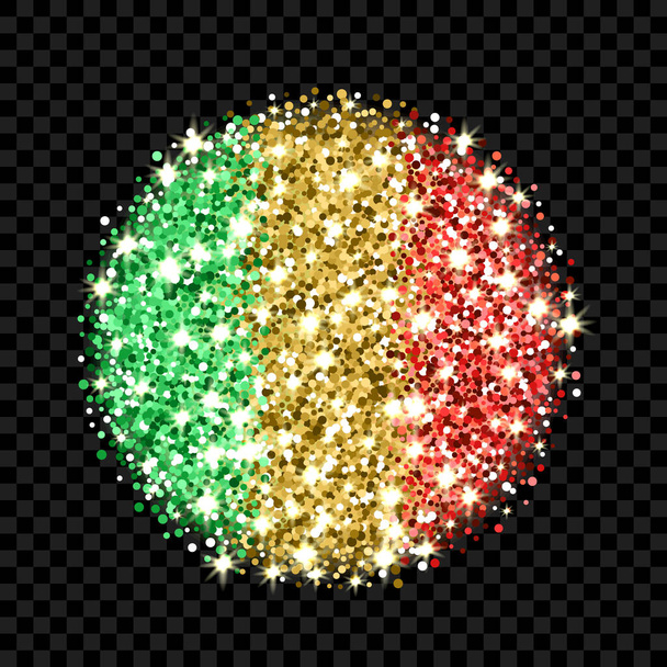 Die Flagge der Republik Mali funkelt. Rundes Symbol mit malischen Nationalfarben mit Glitzereffekt. Schaltflächen-Design. Vektorillustration. Eines von einer Reihe von Anzeichen - Vektor, Bild