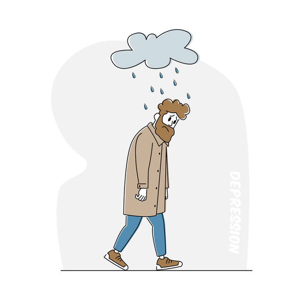 Masentunut ja ahdistunut mies, jolla on alkoholipullo Masennus ja ahdistuneisuus Tunne Turhautunut kävely Rainy Cloudin alla - Vektori, kuva