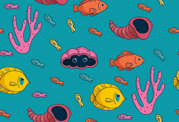 Seamless pattern, butterflyfish, shells and other tropical species. Vector illustration - Vektori, kuva