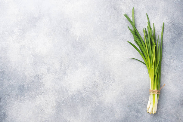 Green onions or shallots on a grey concrete background with a copy of the space. - Foto, Imagem