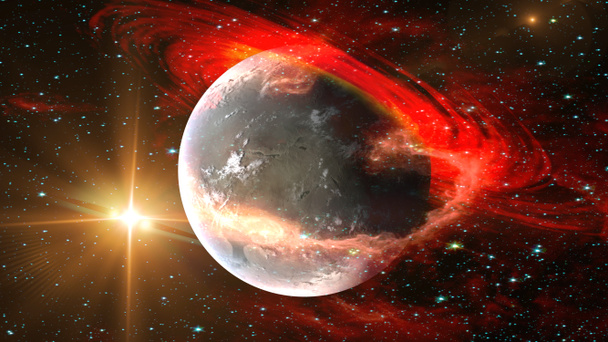 Východ slunce pohled na mimozemskou planetu z vesmíru s červeným plynem planetární prstenec a hvězdy galaxie pozadí. Prvky tohoto snímku poskytla NASA. - Fotografie, Obrázek