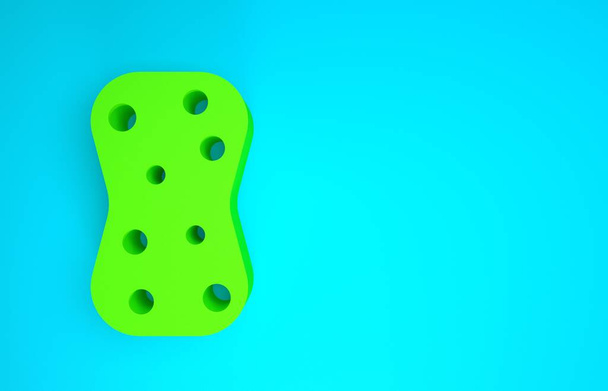 Grüner Schwamm mit Blasensymbol isoliert auf blauem Hintergrund. Bast zum Geschirrspülen. Reinigungsservice-Logo. Minimalismus-Konzept. 3D Illustration 3D Renderer - Foto, Bild