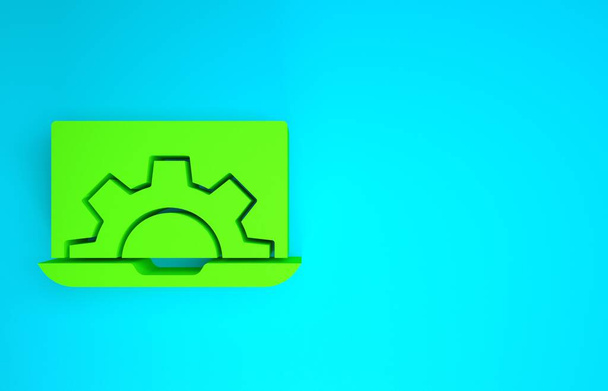 Laptop verde e ícone de engrenagem isolado no fundo azul. Ajustar aplicativo, opções de configuração, manutenção, reparação, fixação. Conceito de minimalismo. 3D ilustração 3D render
 - Foto, Imagem