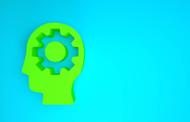 Zielona ludzka głowa z przekładnią wewnątrz ikony odizolowana na niebieskim tle. Sztuczna inteligencja. Myślący mózg. Symbol pracy mózgu. Koncepcja minimalizmu. Ilustracja 3D 3D renderowania - Zdjęcie, obraz