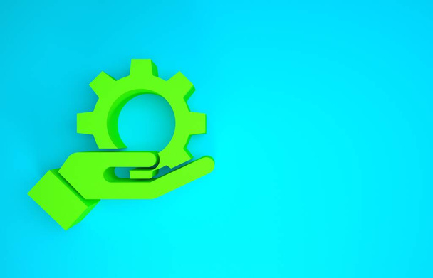 Zielone ustawienia w ikonie dłoni izolowane na niebieskim tle. Koncepcja minimalizmu. Ilustracja 3D 3D renderowania - Zdjęcie, obraz