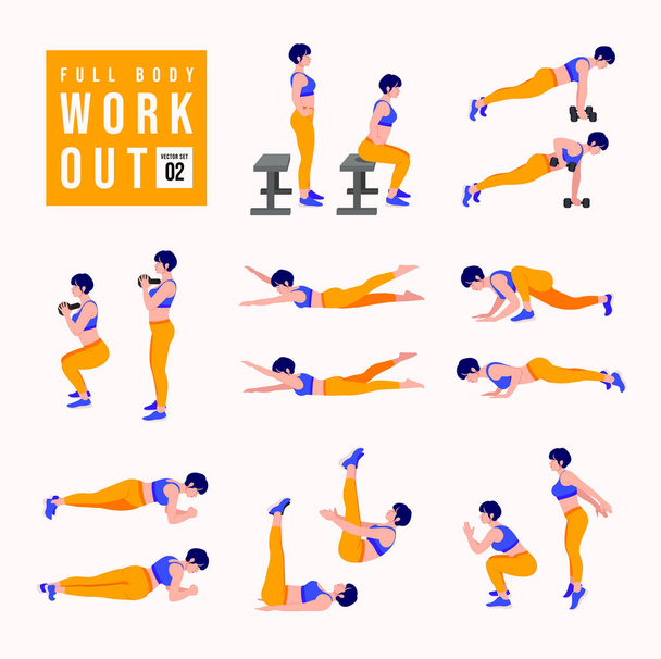 Full Body Workout Set. Vrouwen die fitness en yoga oefeningen doen. Lunges, Pushups, Squats, Dumbbell rijen, Burpees, Side planks, Situps, Glute brug, Leg Raise, Russische Twist, Side Crunch .etc - Vector, afbeelding