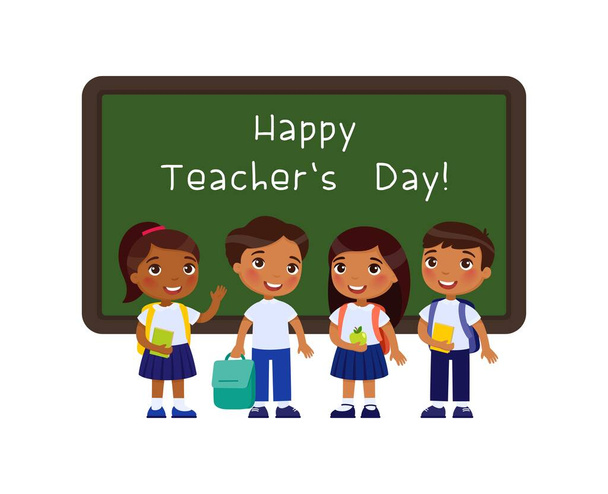 Happy teachers day greeting flat vector illustration. Smiling pupils standing near blackboard in classroom cartoon character. Indian schoolkids congratulate teachers. Educational holiday celebration - Vector, Image