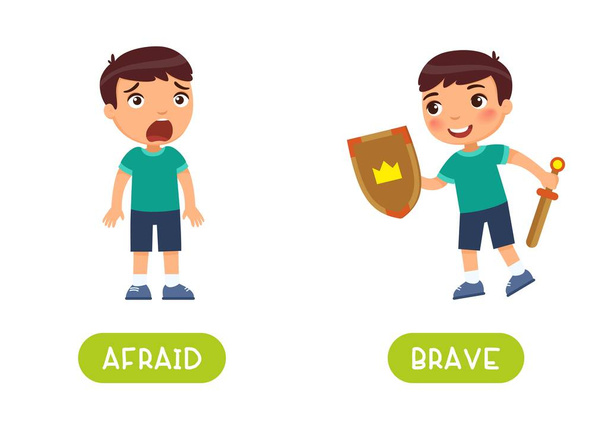 Afraid and brave antonyms word card vector template. Flashcard for english language learning. Opposites concept. The little boy is frightened and there is horror on his face, a heroic child with a shield and a sword. - Vector, Image