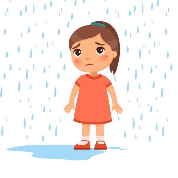 Unglückliches Mädchen unter Regen flache Vektorillustration. Trauriges Frühchen bei schlechtem Regenwetter. Kaukasisches Kind mit dunklen Haaren, das bei Regengüssen nass wird. Isolierte Comicfigur auf weißem Hintergrund - Vektor, Bild