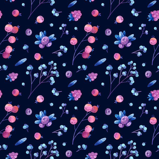 Seamless pattern with blue, violet, and pink stylized berries and leaves. Wallpaper, wrapping paper design, textile, scrapbooking, digital paper. Watercolor hand drawn illustrations on dark background. - Fotó, kép