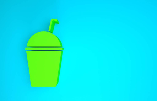 Mavi arkaplanda yeşil milkshake simgesi izole edildi. Kapaklı ve samanlı plastik bardak. Minimalizm kavramı. 3d illüstrasyon 3B canlandırma - Fotoğraf, Görsel
