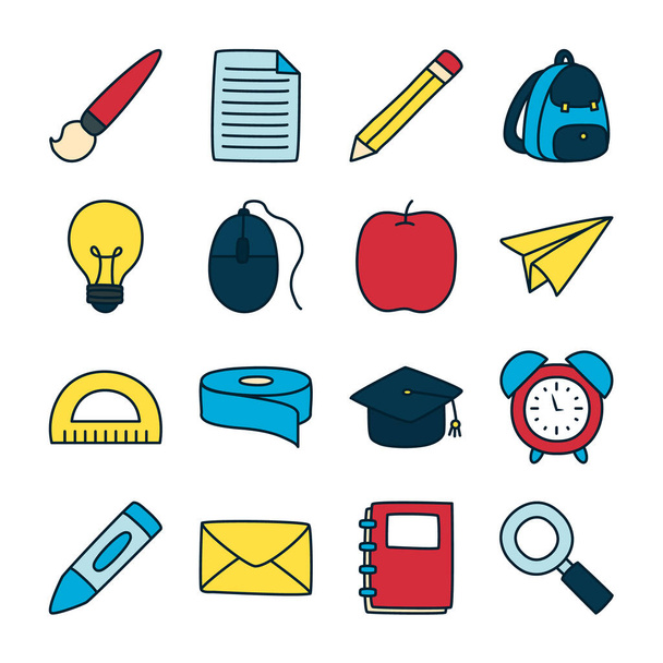 apple and school supplies icon set, fill and line style - ベクター画像