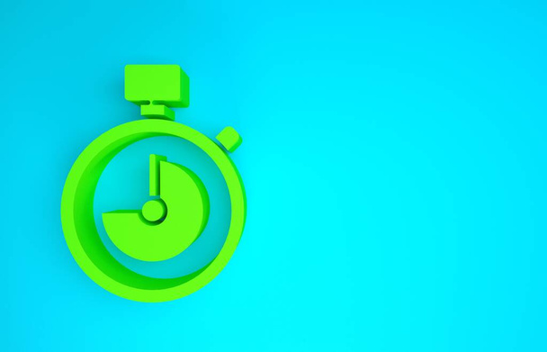 Ikona Green Stopwatch odizolowana na niebieskim tle. Znak czasowy. Znak chronometryczny. Koncepcja minimalizmu. Ilustracja 3D 3D renderowania - Zdjęcie, obraz