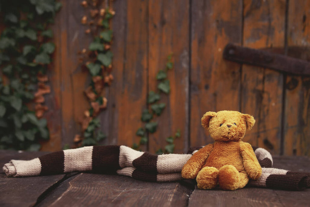Little teddy bear toy on wooden table  - Photo, Image