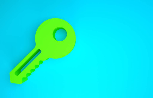 Ikona Green Key odizolowana na niebieskim tle. Koncepcja minimalizmu. Ilustracja 3D 3D renderowania - Zdjęcie, obraz