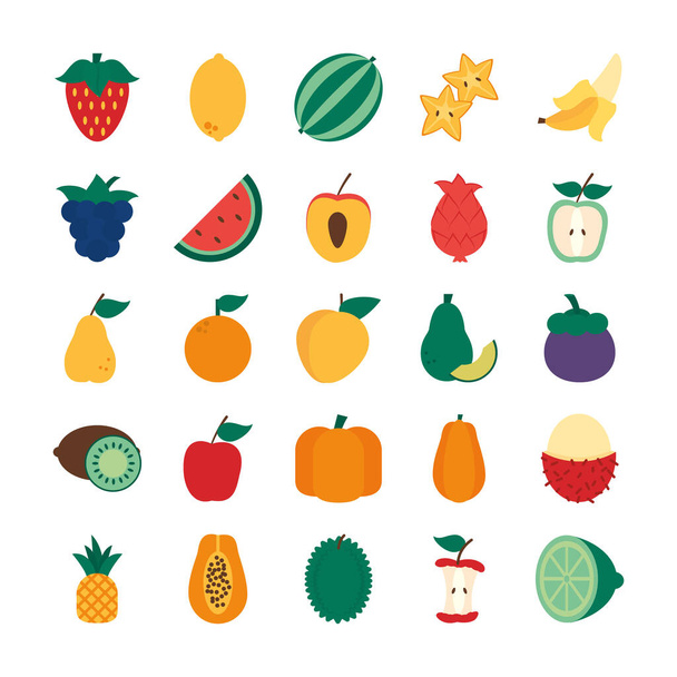 арбуз и здоровые фрукты иконка набор, плоский стиль - Вектор,изображение