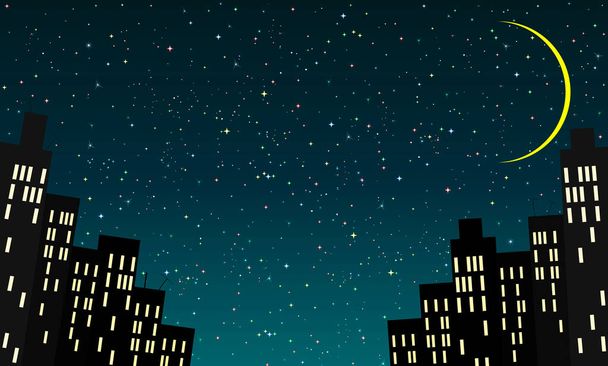 Ciudad de dibujos animados contra el fondo del cielo estrellado de la noche y la luna
. - Vector, Imagen