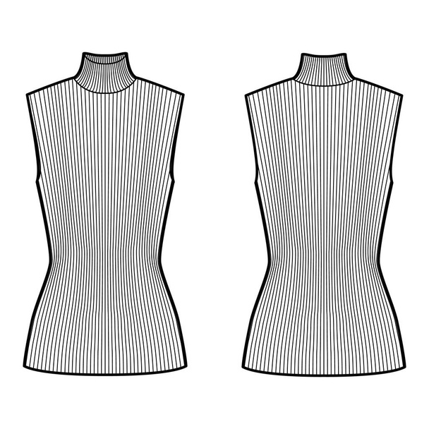 Реберний светр Turtleneck технічна ілюстрація моди з встановленим тунікою довжиною тіла, без рукавів
.  - Вектор, зображення