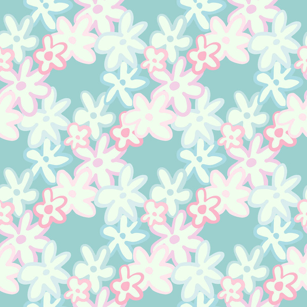 Floral seamless pattern with outline daisy silhouettes. Soft blue background with white flowers. Spring backdrop. Decorative print for wallpaper, wrapping, textile print, fabric. Vector illustration. - Wektor, obraz