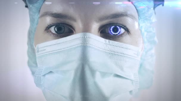 Digital retinal and iris scan, doctor's face biometric identification, eye scan - Séquence, vidéo