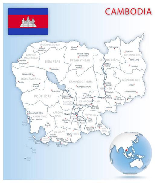 Λεπτομερής Καμπότζη διοικητικό χάρτη με τη σημαία της χώρας και τη θέση σε μια μπλε σφαίρα. Εικονογράφηση διανύσματος - Διάνυσμα, εικόνα