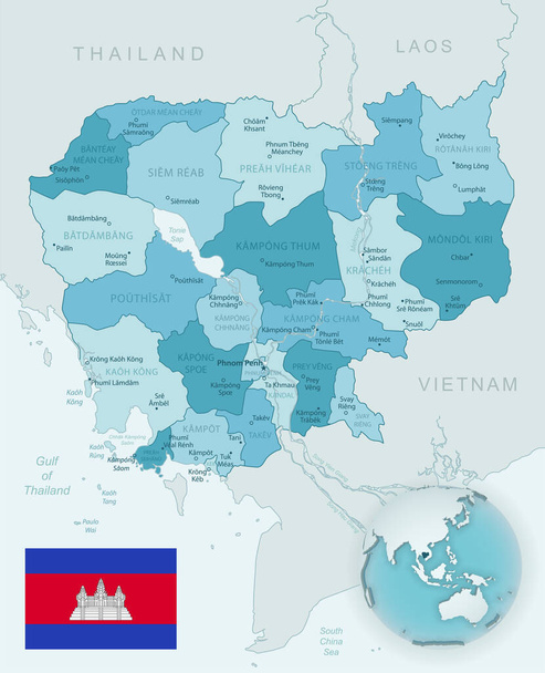 Μπλε-πράσινος λεπτομερής χάρτης των διοικητικών διαιρέσεων της Καμπότζης με τη σημαία και τη θέση της χώρας στον κόσμο. Εικονογράφηση διανύσματος - Διάνυσμα, εικόνα