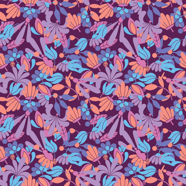 Modern colored seamless violet pattern with flowers and geometric elements. Purple, orange, pink colors - Διάνυσμα, εικόνα